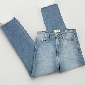 FRAME Le Sylvie Slender Straight Jeans Size 30 Light Blue Distressed Raw Hem